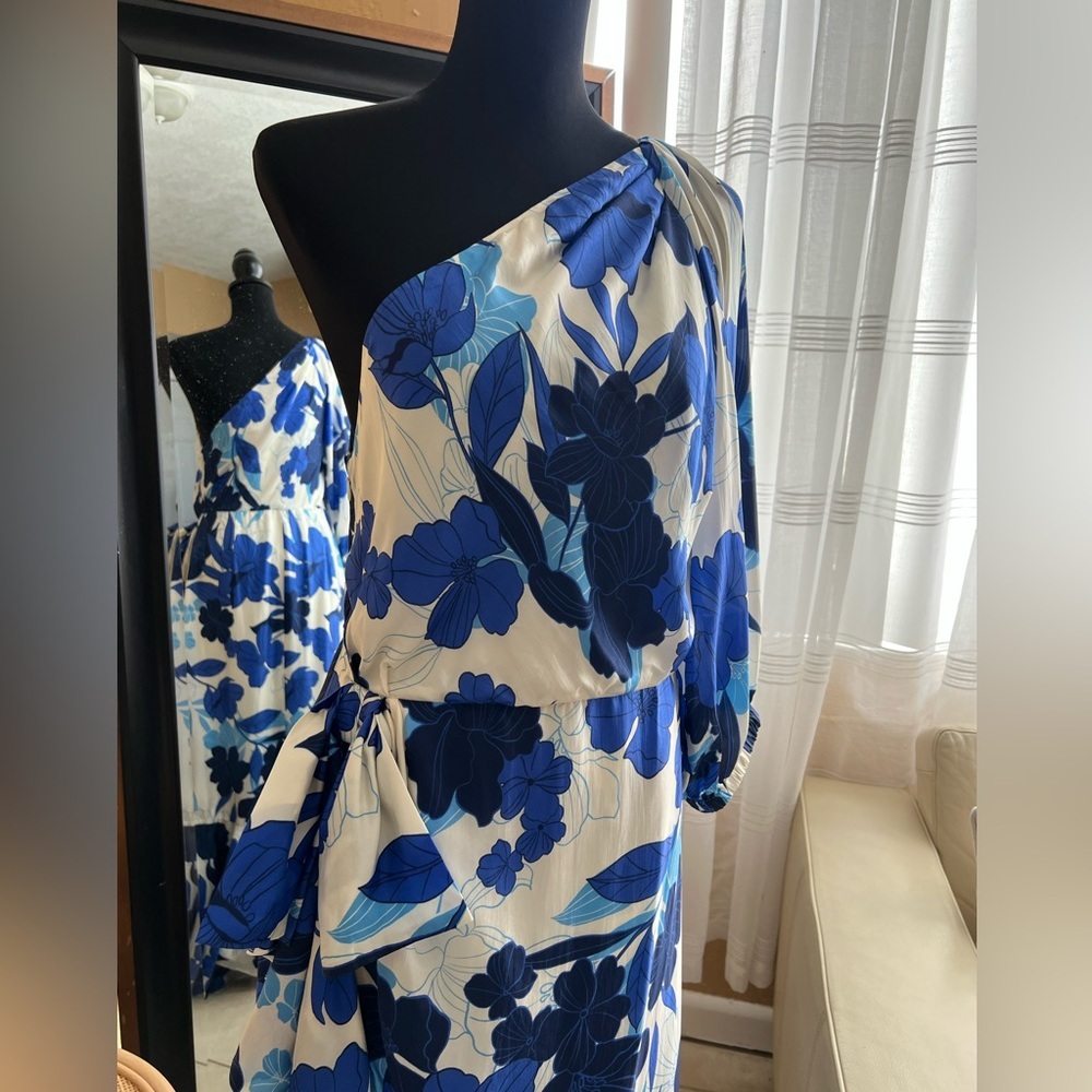 J. Crew collection Blue white floral one shoulder maxi Dress Ruffled size 10 - Picture 9 of 16